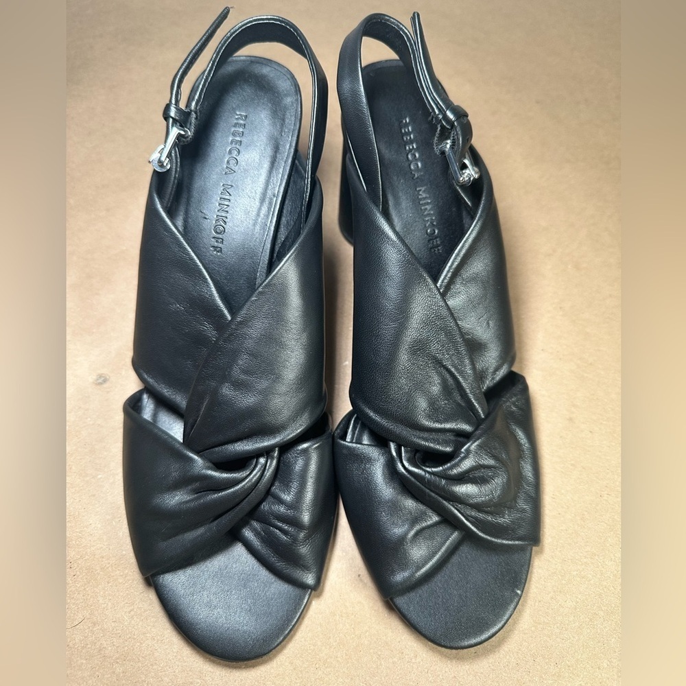 Rebecca Minkoff Black Leather Twisted Knot Block Heel Slingback Sandals Size 8.5